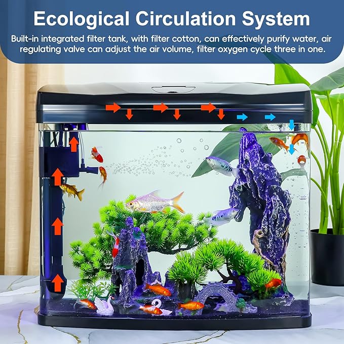 10 Gallon Glass Aquarium Starter Kit with Flip-Top Feeding Port for Betta Fish: Crystal Clear Viewing, Eco-Cycle Filtration, Air Pump, and LED Lighting Bluecoco