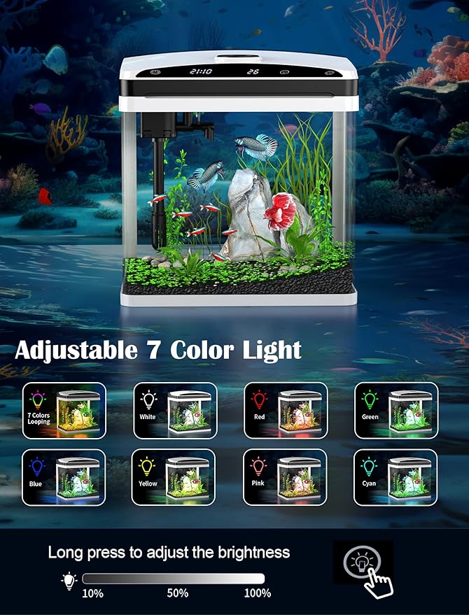 Fish Tank, Aquarium Fish Tank 3 Gallon with SmartClean Technology, 7 Color Light, Temperature Display for Betta Shrimp Guppy Jellyfish Goldfish PAWPICO