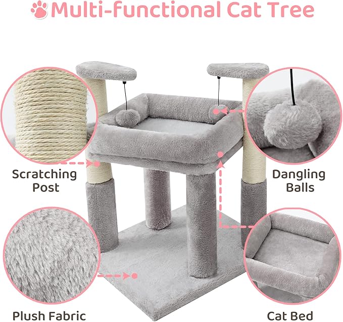 Made4Pets Cat Tree for Indoor Cats, Cat Tower with 2 Natural Sisal Scratching Post for Kitten, Kitty Cat Bed with Pom-pom Dangling Balls, Grey, DIY - PAWPICO