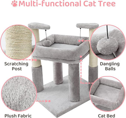 Made4Pets Cat Tree for Indoor Cats, Cat Tower with 2 Natural Sisal Scratching Post for Kitten, Kitty Cat Bed with Pom-pom Dangling Balls, Grey, DIY - PAWPICO