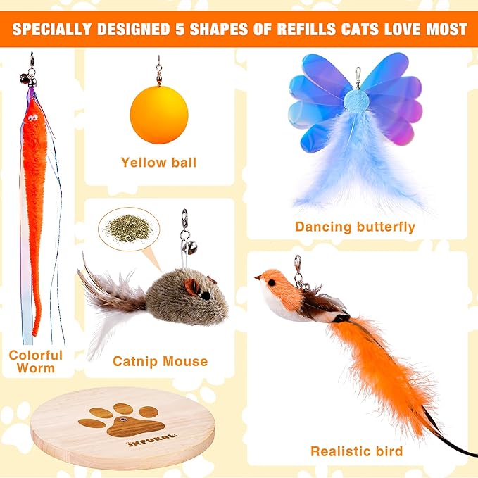 JXFUKAL Interactive cat Toy, Automatic Cat Wand Toy with Stable Wooden Base, 2 PCS Detachable Cat Teaser, 5PCS Refills Replacement & Hanging Cat Toy, Kitty Kitten Toys Cat Feather Spring String Toy - PAWPICO