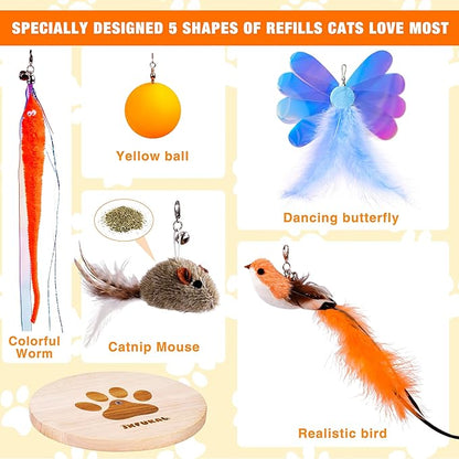 JXFUKAL Interactive cat Toy, Automatic Cat Wand Toy with Stable Wooden Base, 2 PCS Detachable Cat Teaser, 5PCS Refills Replacement & Hanging Cat Toy, Kitty Kitten Toys Cat Feather Spring String Toy - PAWPICO