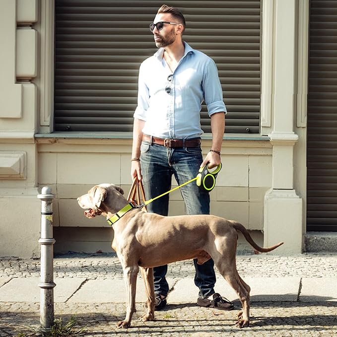 Fida Retractable Dog Leash, Reflective 16ft Heavy Duty Pet Walking Leash for Medium/Large Dog up to 44 lbs, Tangle Free. One-Hand Brake (Medium, Neon Yellow) Fida
