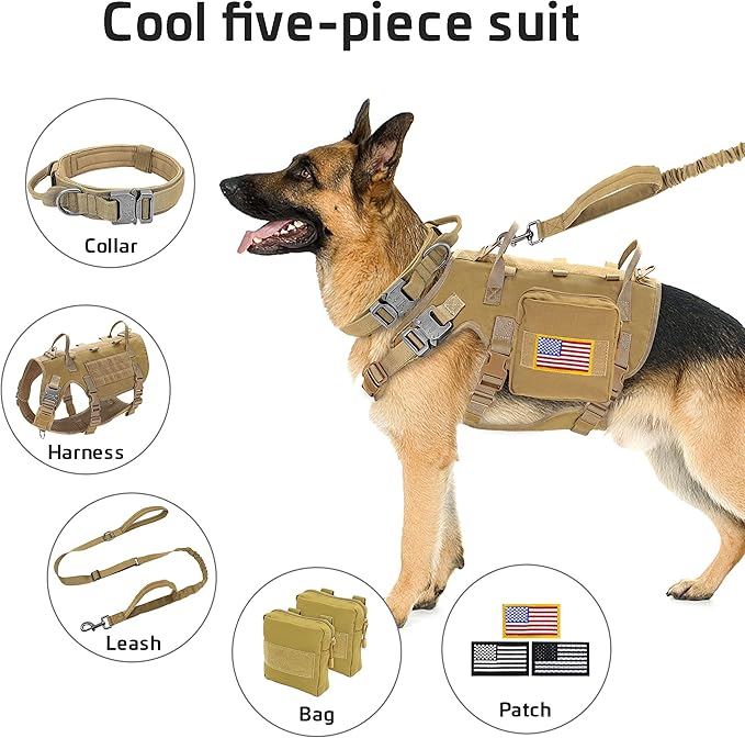 Forestpaw Tactical Dog Harness for Large Dogs,Tactical Dog Collar with Bungee Leash Set,No Pull Military Dog Harness for Dog Walking Training,Adjustable for Medium Large Dogs,Khaki L Forestpaw