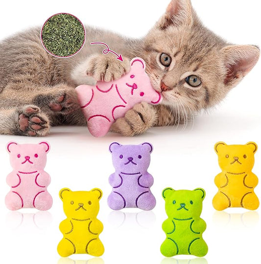 MALLMALL6 Catnip Toys for Cat - 5Pcs Gummy Colorful Bear Catmint Interactive Cat Toy for Indoor Cats, Soft Plush Candy Cat Supplies, Kitten Teething Chew Toy Set, Cute Pet Gifts for Cat Lover - PAWPICO