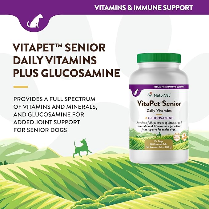 NaturVet –VitaPet Senior Daily Vitamins for Senior Dogs – Plus Glucosamine – Full Spectrum of Vitamins & Minerals – Enhanced with Glucosamine for Added Joint Support – 60 Time Release Tablets NaturVet