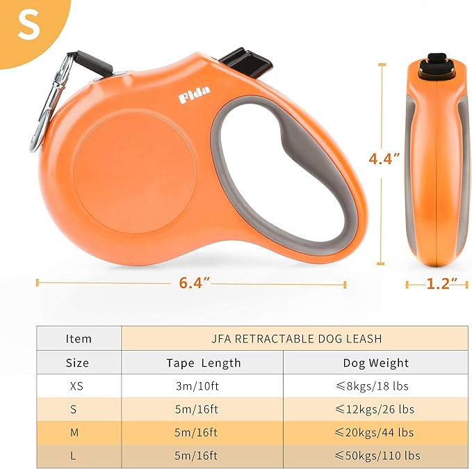 Fida Retractable Dog Leash, 16ft Heavy Duty Pet Walking Leash for Small Dog or Cat up to 26 lbs, Tangle Free. One-Hand Brake (Small,Orange) Fida