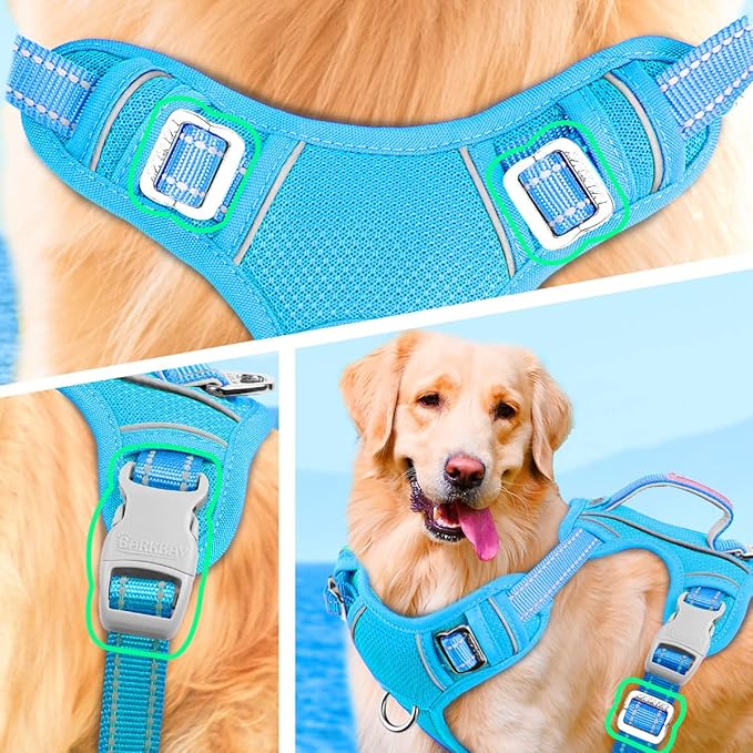 BARKBAY No Pull Dog Harness Large Reflective Dog Harness with Front Clip and Easy Control Handle for Walking Training Running with ID tag Pocket(Blue,M) BARKBAY