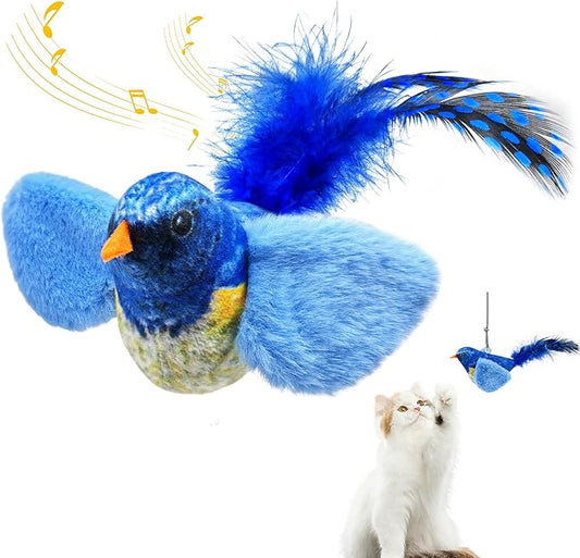 Chirping Bird Cat Toys Hanging Cat Feather Toy - Catnip Interactive Cat Toys for Indoor Cats - Automatic Cat Toy for Cat Exercise & Kicker to Self Play (Blue) - PAWPICO