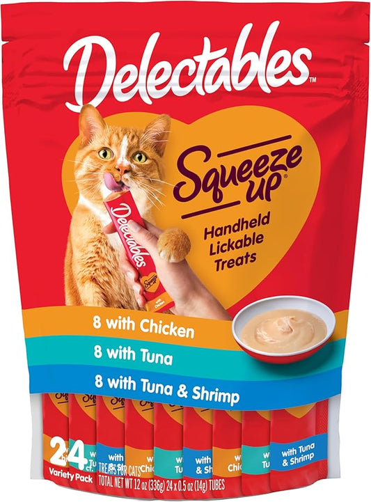 Hartz Delectables Squeeze Up Interactive Lickable Wet Cat Treats for Adult & Senior Cats, Tuna & Shrimp, 24 Count, 12 ounces Hartz