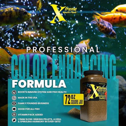 Xtreme Community Peewee 1.5mm Pellets: Slow Sinking & Ideal for Community Fish - Boosts Immune & Digestive Health, Enhances Color & Energy, Max Protein Fish Food – USA Farm Grown (72oz) XtremeAquaticFoods