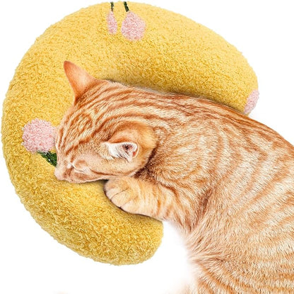 ucho Pillow for Cats, Ultra Soft Fluffy Pet Calming Toy Half Donut Cuddler, U-Shaped Pillow for Pet Cervical Protection Sleeping Improve- Yellow ucho