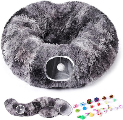 Odoland Cat Tunnels for Indoor Cats with Fluffy Plush Central Cat Couch and 20 Cat Toys, Tunnel Bed for Cats with Hanging Ball, Detachable Soft Mat and Variety Kitty Toy Set, Grey - PAWPICO