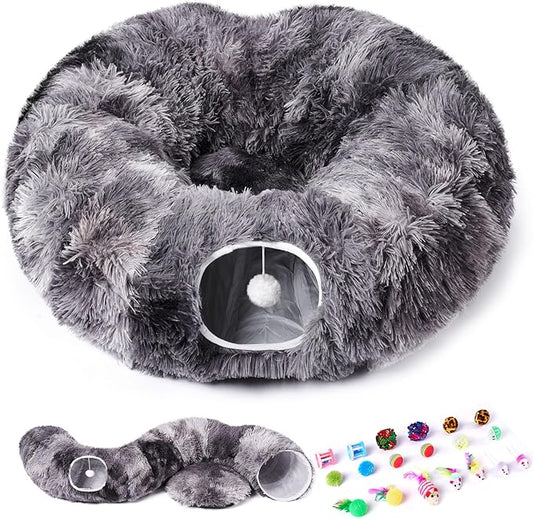 Odoland Cat Tunnels for Indoor Cats with Fluffy Plush Central Cat Couch and 20 Cat Toys, Tunnel Bed for Cats with Hanging Ball, Detachable Soft Mat and Variety Kitty Toy Set, Grey - PAWPICO