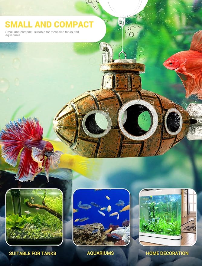 Floating Fish Tank Decoration, Little Cute Retro Submarine Aquarium Decoration with Two Float Balls, Resinous Fish Tank Accessorie, Safe Fish Toy for Betta Cichlid Goldfish Shrimps Hermit Crabs SARDVISA