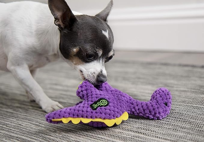 goDog Checkers Just for Me Dinos Bruto Squeaky Plush Dog Toy, Chew Guard Technology - Purple, Mini - PAWPICO