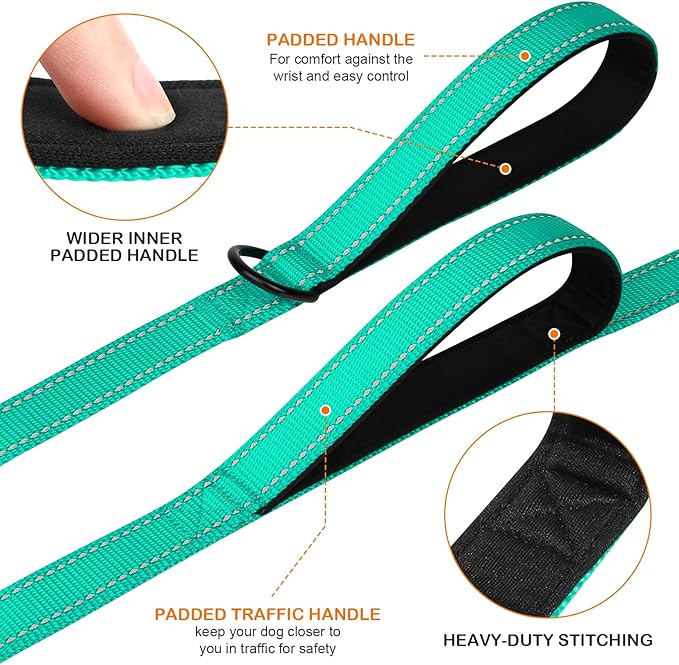 Joytale Dog Leash Heavy Duty for Large Dogs That Pull, Double Handle for Traffic Control, Double-Sided Reflective Leashes for Large Medium Dogs Night Safety, 6FT, Teal Joytale