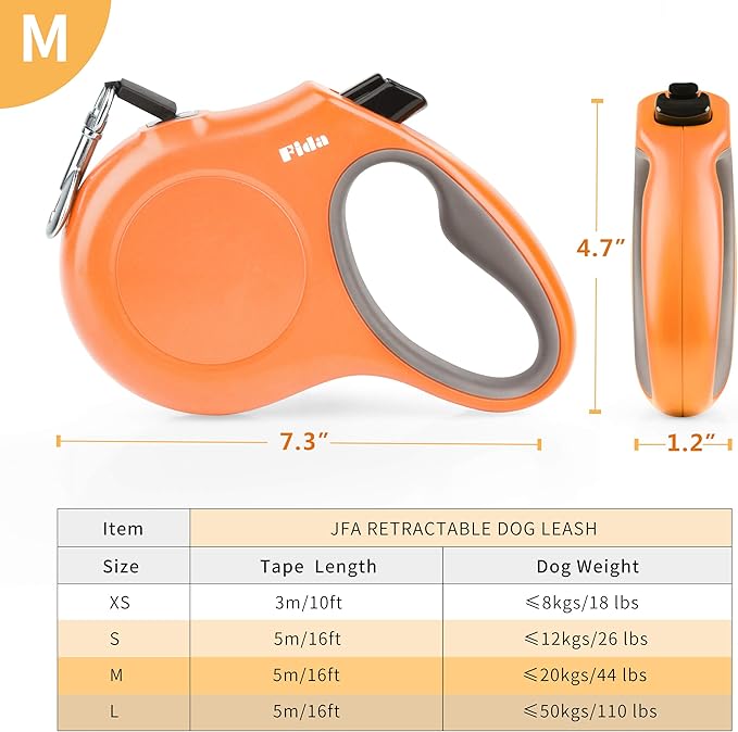 Fida Retractable Dog Leash, 16 ft Dog Walking Leash for Medium Dogs up to 44lbs, Tangle Free, Orange Fida