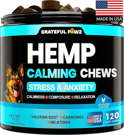 Hemp Calming Chews Treats for Dogs Anxiety Relief & Stress - Travel, Thunder, Separation - Hemp Oil - Valerian - Melatonin for Dogs - Sleep Calming Aid - Pet Soft Bites GratefulPawz