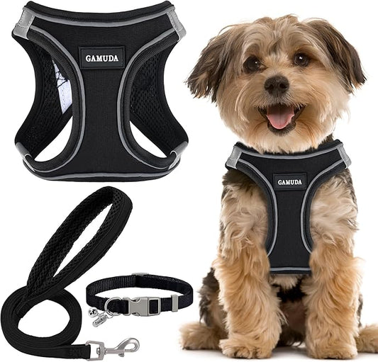 GAMUDA Small Dog Harness Collar and Leash Set, Step in No Chock No Pull Linen Fabric Soft Mesh Dog Vest Harnesses Reflective for Dogs Puppy Cats Kitten Rabbit (Black, XXS) GAMUDACollarsCollection