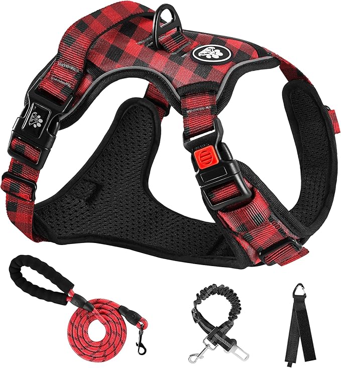 NESTROAD No Pull Dog Harness with Leash, Reflective No Choke Pet Vest Harness,Adjustable Soft Padded Dog Harness with Easy Control Handle for Medium Dogs(Checkered Red,Medium) NESTROAD