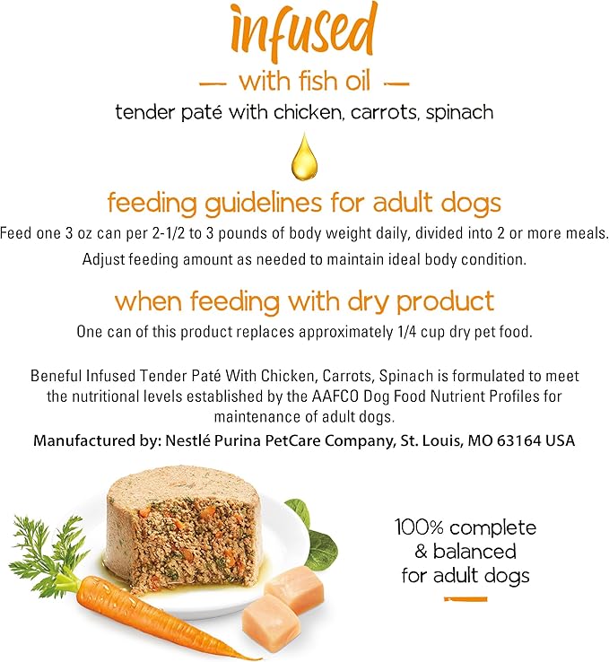 Purina Beneful Infused Wet Pate Dog Food with Real Chicken, Carrots and Spinach, with Fish Oil for Dogs - (8 Packs of 3) 3oz. Sleeves - PAWPICO