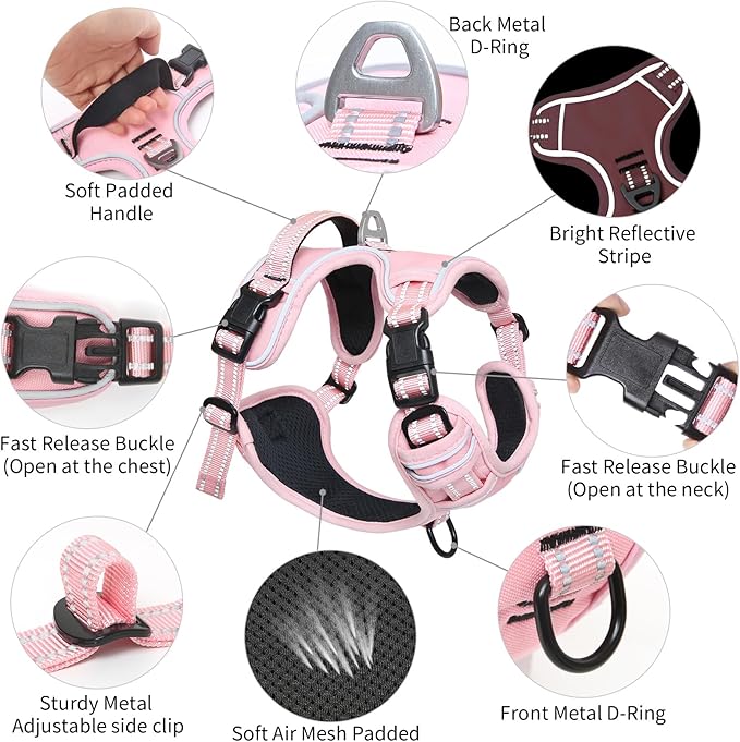Timos Dog Harness, 3 Snap Buckles No-Pull Soft Padded Dog Vest with 2 Metal Leash Clips, Adjustable Reflective No Choke Pet Harness with Easy Control Handle for Small Dogs,Pale Pink,S Timos
