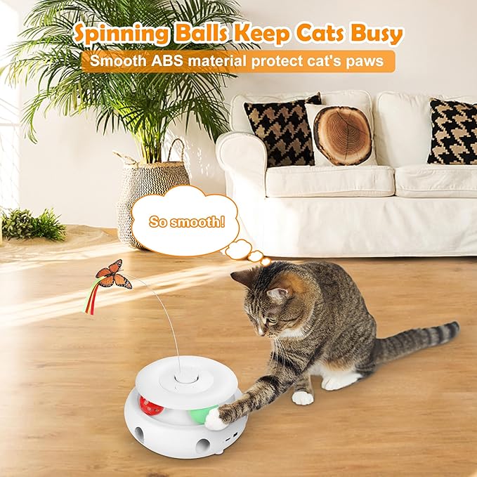 3-in-1 Interactive Cat Toys for Indoor Cats, Automatic 6 Holes Mice Whack-A-Mole, Fluttering Butterfly, Track Balls, USB Rechargeable, Ultra Fun Smart Interactive Kitten Toy (Ivory White) - PAWPICO