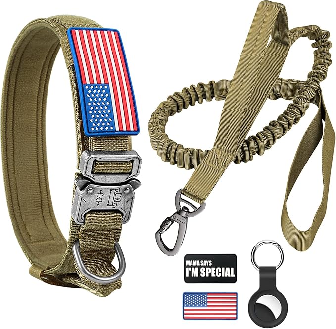 Tactical Dog Collar and Bungee Leash, Camo Military Dog Collar & Leash Set with USA American Flag Adjustable K9 Collar with Heavy Duty Metal Buckle & Handle,with Patches and Airtags Case (M, Brown) Celifelight