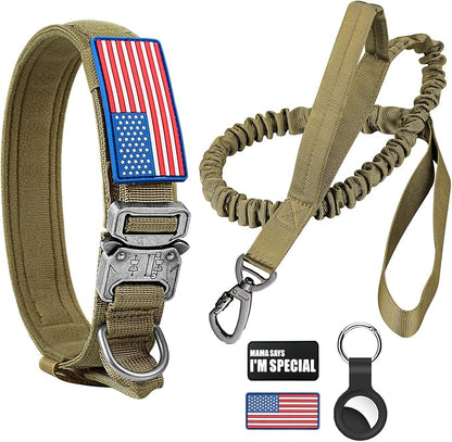 Tactical Dog Collar and Bungee Leash, Camo Military Dog Collar & Leash Set with USA American Flag Adjustable K9 Collar with Heavy Duty Metal Buckle & Handle,with Patches and Airtags Case (M, Brown) Celifelight