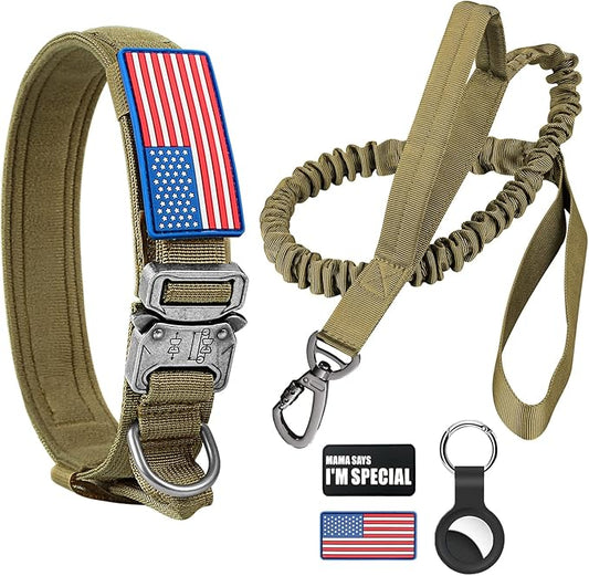 Tactical Dog Collar and Bungee Leash, Camo Military Dog Collar & Leash Set with USA American Flag Adjustable K9 Collar with Heavy Duty Metal Buckle & Handle,with Patches and Airtags Case (L, Brown) Celifelight