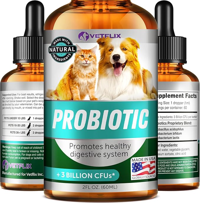 Premium Probiotics for Dogs & Cats - Digestive Enzymes & Prebiotics Supplement - Helps to Relieve Diarrhea, Vomiting, Upset Stomach, Gas, Constipation & Bad Breath - Supports Healthy Digestive System Vetflix