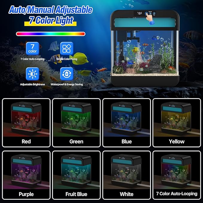 Small Fish Tank Aquarium 2.2 Gallon Glass Fish Tank Starter Kits with Silent Filter Pump, LED Light, humidifier and Betta Fish Tank Wilody