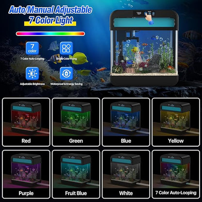 Small Fish Tank Aquarium 2.2 Gallon Glass Fish Tank Starter Kits with Silent Filter Pump, LED Light, humidifier and Betta Fish Tank Wilody