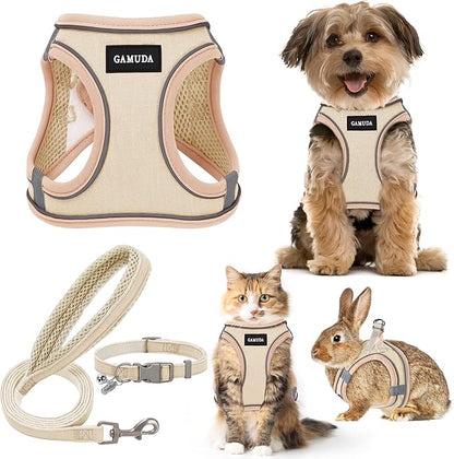 GAMUDA Small Pet Harness Collar and Leash Set, Step in No Chock No Pull Linen Fabric Soft Mesh Dog Vest Harnesses Reflective for Dogs Puppy Cats Kitten Rabbit (Khaki, M) GAMUDACollarsCollection