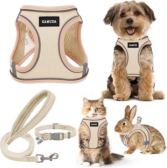 GAMUDA Small Pet Harness Collar and Leash Set, Step in No Chock No Pull Linen Fabric Soft Mesh Dog Vest Harnesses Reflective for Dogs Puppy Cats Kitten Rabbit (Khaki, M) GAMUDACollarsCollection