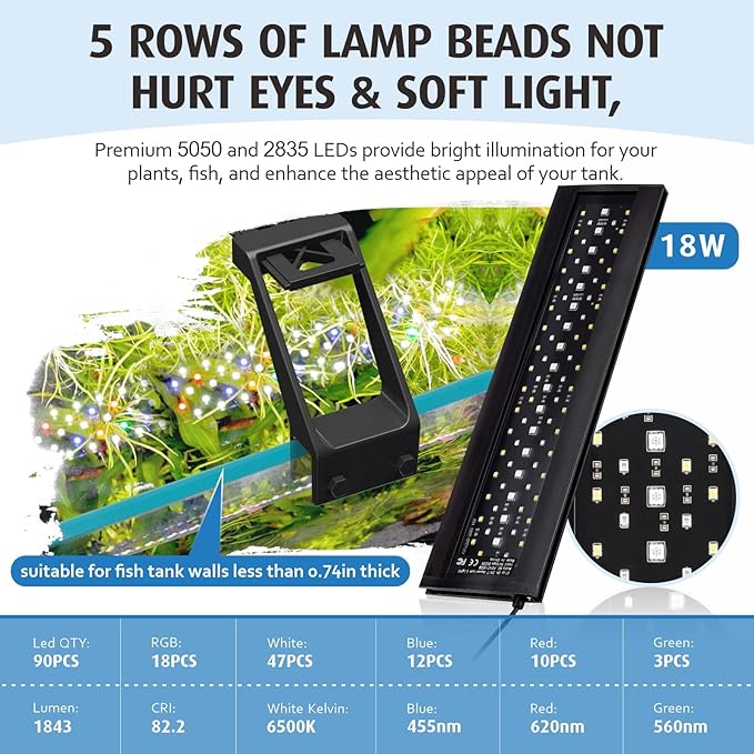 hygger Clip On Full Spectrum Aquarium LED Light, 18W Day-Night Dual Timer Sunrise-Day-Sunset-Moon Fish Tank Light, Adjustable Timer Brightness with 9 Colors for Planted Tank hygger