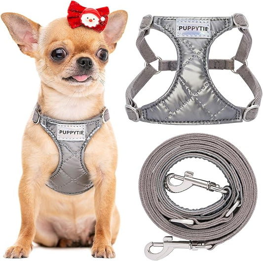Puppytie No Pull xs Dog Harness with Multifunction Dog Leash,Soft Adjustable No Choke Escape Proof Pet Harness Vest,Glossy Grey,XXS Puppytie