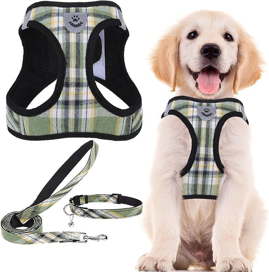 PUPTECK Adjustable Dog Harness Collar and Leash Set Step in No Pull Pet Harness for Small Medium Dogs Puppy and Cats Outdoor Walking Running, Soft Mesh Padded Reflective Vest Harnesses, Grn&YLW, S PUPTECK
