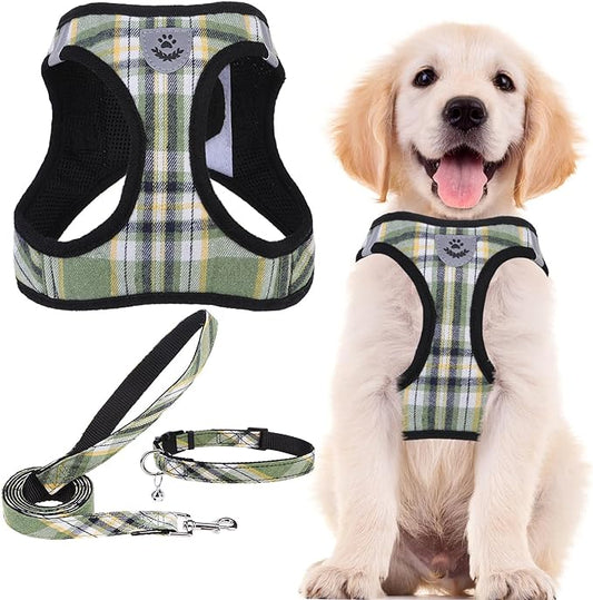 PUPTECK Adjustable Dog Harness Collar and Leash Set Step in No Pull Pet Harness for Small Medium Dogs Puppy and Cats Outdoor Walking Running, Soft Mesh Padded Reflective Vest Harnesses, Grn&YLW, XS PUPTECK
