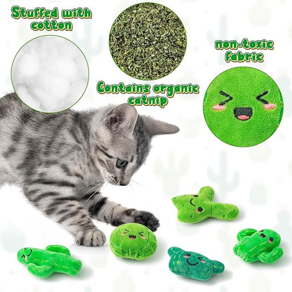 MALLMALL6 Catnip Toys for Cat - 5Pcs Cactus Prickly Plants Catmint Interactive Cat Toy for Indoor Cats, Soft Plush Green Cat Supplies, Kitten Teething Chew Toy Set, Cute Pet Gifts for Cat Lover - PAWPICO
