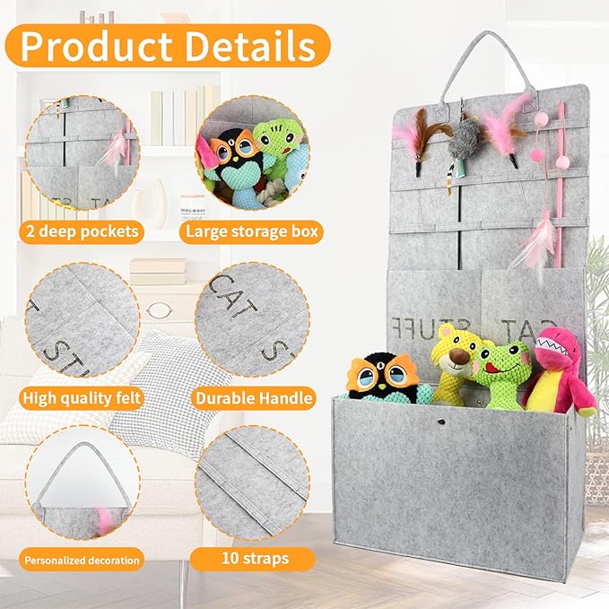 Cat Toy Storage Box for Wand Toys, Durable Pet Storage Organizer with Handle for Cat Feather Toy Foldable Storage Hanging Bag for Keeping Teaser Wand Toys, Grey - PAWPICO