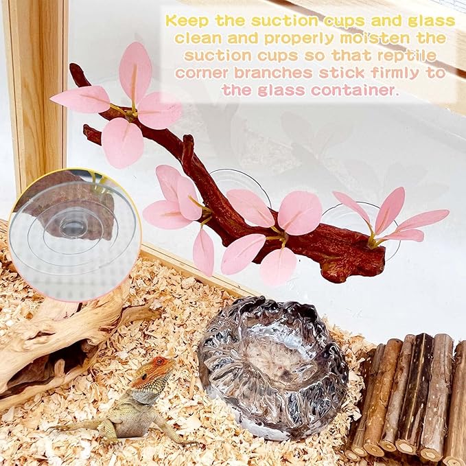 kathson 2 PCS Reptile Corner Branch, Lizard Climb Branches Decor Terrarium Plant Decoration with Suction Cup Reptile Tank Plant Ornament for Bearded Dragons Gecko Snake Spider Frog (Pink) kathson