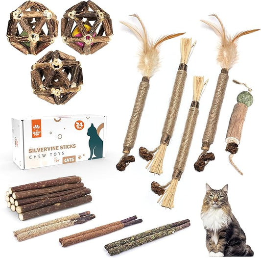 Silvervine Sticks for Cats 24 Pack Silvervine Cat Toy 10 Styles Dental Health and Calming Toy. Catnip, Gall Fruit and Bell Ball Cage Balls. Cleans Teeth & Calms Anxiety for Kitten (24 Pack) - PAWPICO