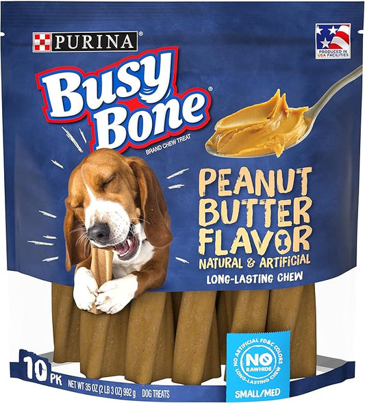 Purina Busy Bone Made in USA Facilities, Long Lasting Small/Medium Breed Adult Dog Chews, Peanut Butter Flavor - 10 ct. Pouch - PAWPICO