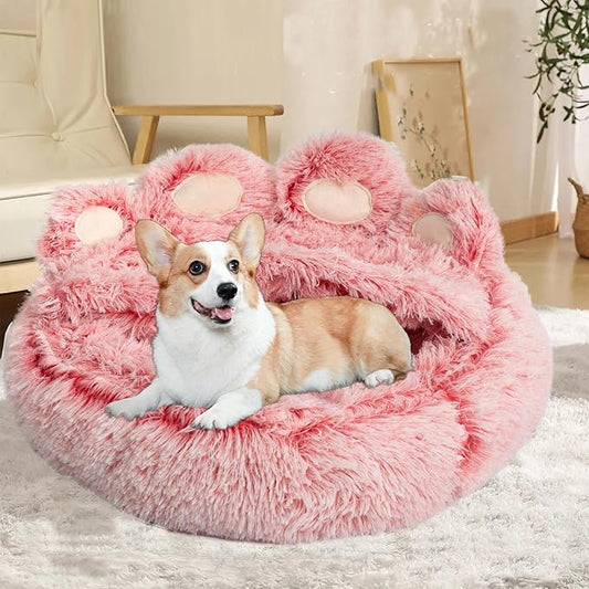 Cat Bed with Cover Cave - Dog Cave Bed with Standing Paws,Covered Round Kitten Bed with Hooded Blank - PAWPICO