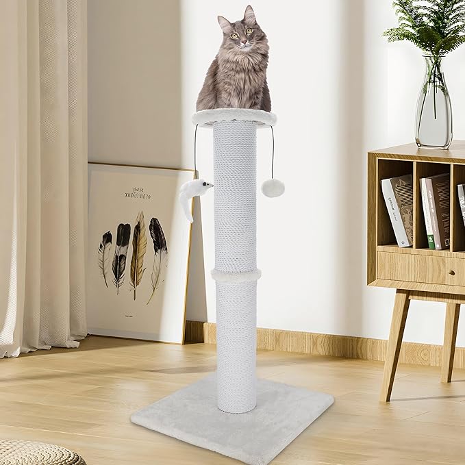 Cat Scratching Post 34 Inches Heavy Duty and Thicker Cat Scratching Post Sisal Rope with Hanging Ball and Mice Scratching Post for Indoor Cats and Adult(White) - PAWPICO