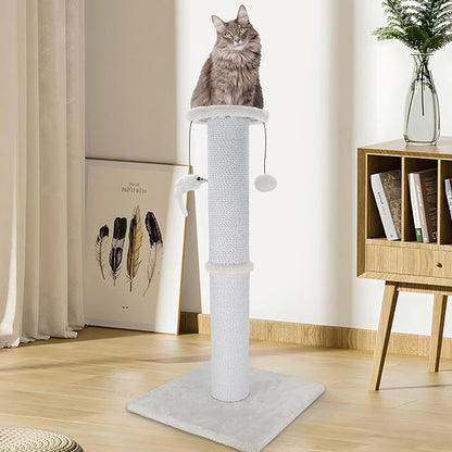 Cat Scratching Post 34 Inches Heavy Duty and Thicker Cat Scratching Post Sisal Rope with Hanging Ball and Mice Scratching Post for Indoor Cats and Adult(White) - PAWPICO
