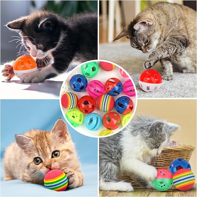 24pcs Value Pack Plastic Ball Cat Toys Lattice Balls with Bell Jingle Kitten Toy Rainbow Ball, Gift Box Styles - PAWPICO