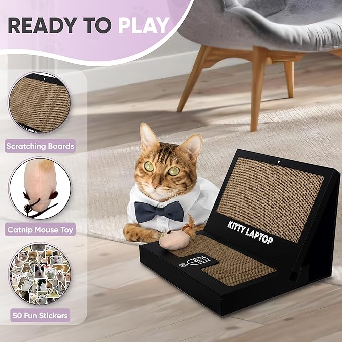 Toy Cat Laptop with 2 Scratchboards + Catnip Mouse Toy for Cats + 50pack Cat Sticker - Interactive Eco-Friendly Cat Computer with Scratch Pad Laptop for Cats - Mini Cat Laptop - PAWPICO